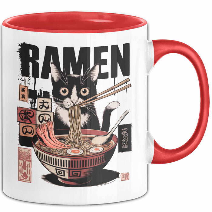 Katzen Tierliebhaber Tasse Geschenk Lustige Geschenkidee Spruch Katze Isst Ramen Nudeln Rot Trendation