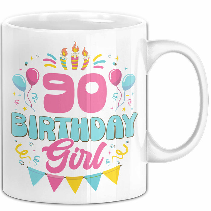90. Geburtstag Tasse Frauen Mädchen Geschenkidee Lustig 90 Birthday Girl Lustiger Spruch Mutter Mama Oma Weiß Trendation