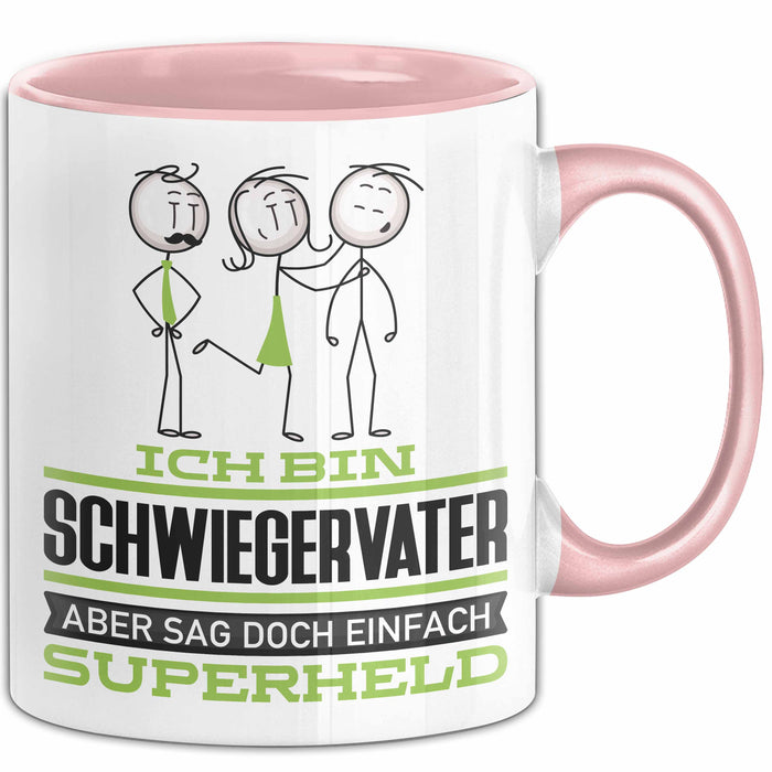 Schwiegervater Geschenk Tasse Ich Bin Schwiegervater Aber Sag Doch Einfach Superheld Lustige Geschenkdiee für Schwiegervater Kaffee-Becher Rosa Trendation