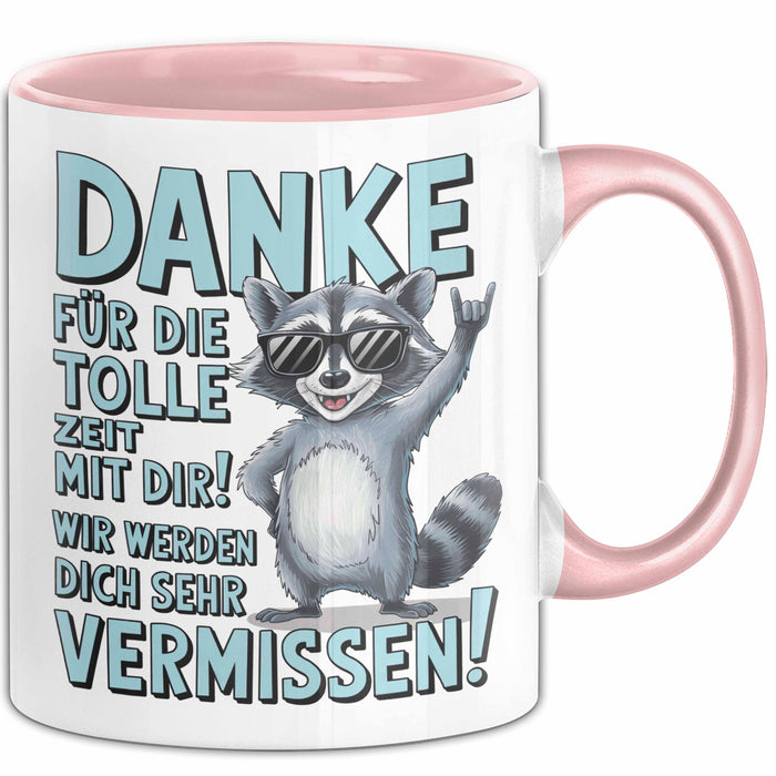 Büro Arbeit Kollege Tasse Becher Geschenk Lustige Geschenkidee Spruch Danke Für Die Tolle Zeit Mit Dir Wir Werden Dich Sehr Vermissen Rosa Trendation