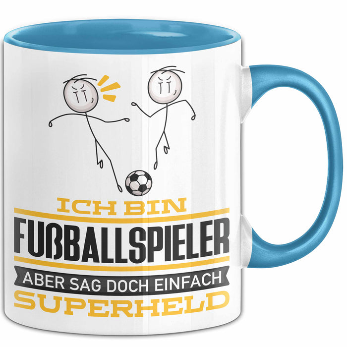 Fußballspieler Geschenk Tasse Ich Bin Fußballspieler Aber Sag Doch Einfach Superheld Lustige Geschenkdiee für Fußballspieler Kaffee-Becher Blau Trendation