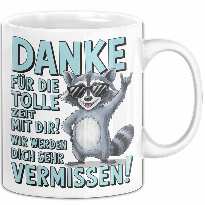 Büro Arbeit Kollege Tasse Becher Geschenk Lustige Geschenkidee Spruch Danke Für Die Tolle Zeit Mit Dir Wir Werden Dich Sehr Vermissen Weiß Trendation