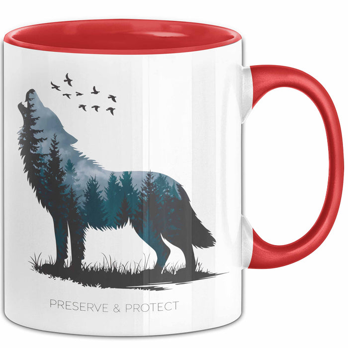 Klimaschutz Tasse Geschenk Erhalten Schützen Wolf Tiermotiv Rot Trendation