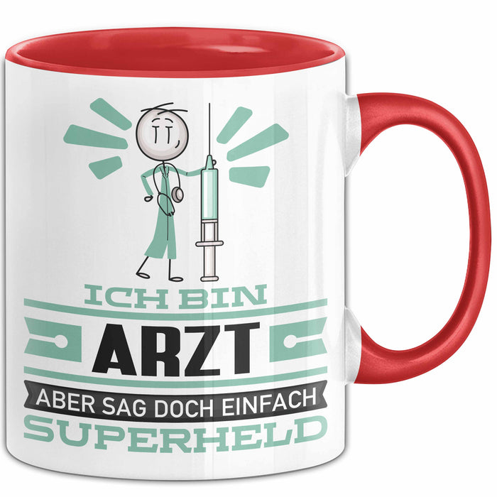 Arzt Geschenk Tasse Ich Bin Arzt Aber Sag Doch Einfach Superheld Lustige Geschenkdiee für Arzt Kaffee-Becher Rot Trendation