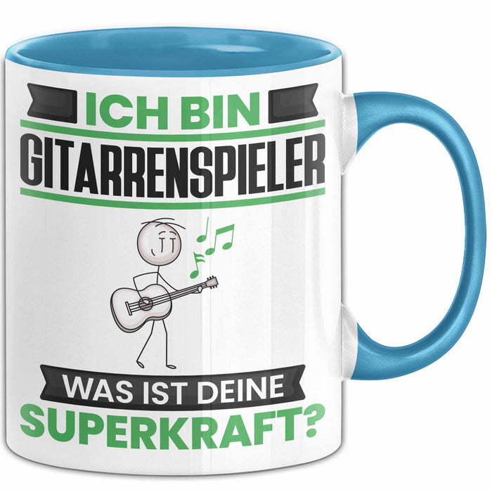 Gitarrenspieler Tasse Geschenk für Gitarrenspieler Geburtstag Lustiger Spruch Kaffee-Becher Was Ist Deine Superkraft Blau Trendation