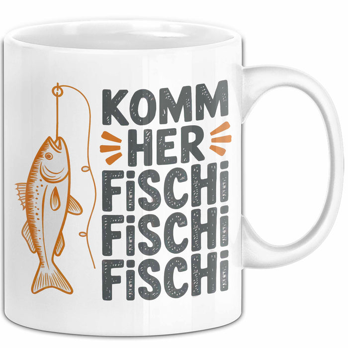 Angelliebhaber Fischer Tasse Geschenk Lustige Geschenkidee Spruch Komm Her Fischi Fischi Fischi Weiß Trendation