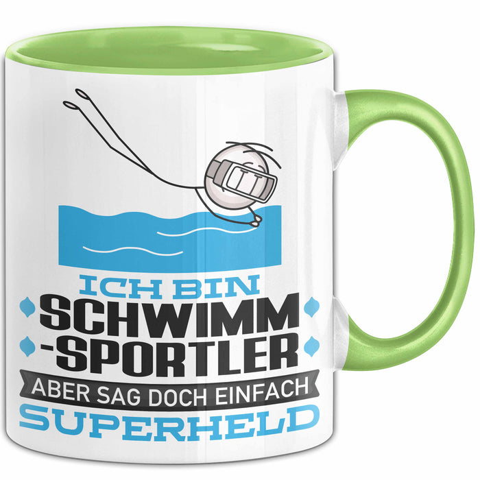 Schwimmsportler Geschenk Tasse Ich Bin Schwimmsportler Aber Sag Doch Einfach Superheld Lustige Geschenkdiee für Schwimmsportler Kaffee-Becher Grün Trendation
