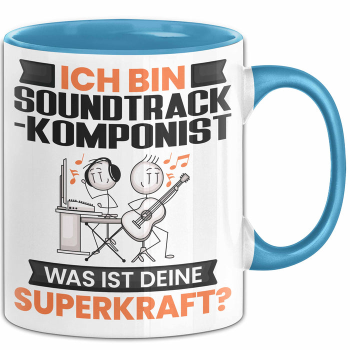 Soundtrack-Komponist Tasse Geschenk für Soundtrack-Komponist Geburtstag Lustiger Spruch Kaffee-Becher Was Ist Deine Superkraft Blau Trendation