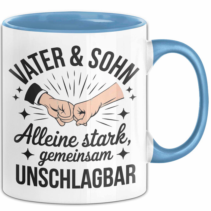 Papa Vatertag Vater Sohn Tasse Becher Geschenk Lustige Geschenkidee Spruch Vater & Sohn Alleine Stark Gemeinsam Unschlagbar Blau Trendation