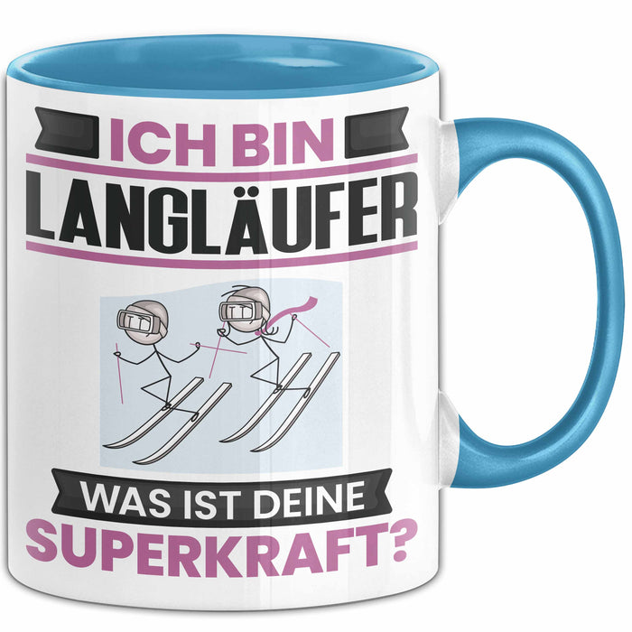 Langläufer Tasse Geschenk für Langläufer Geburtstag Lustiger Spruch Kaffee-Becher Was Ist Deine Superkraft Blau Trendation