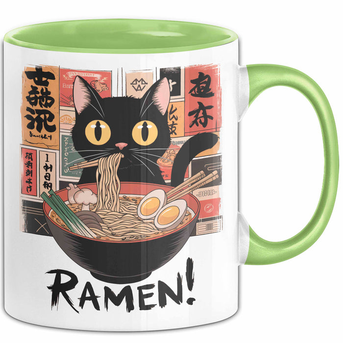 Katzen Tierliebhaber Tasse Geschenk Lustige Geschenkidee Spruch Katze Isst Ramen Nudeln Grün Trendation