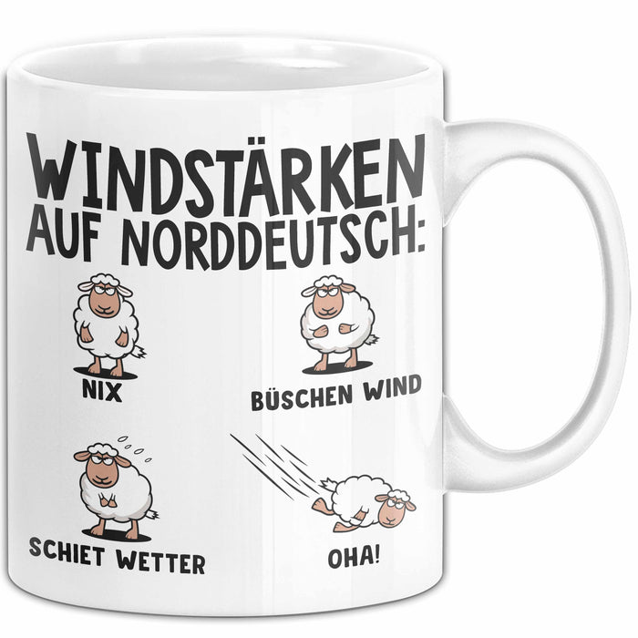 Schaf Tier Bauer Norddeutschland Tasse Becher Geschenk Lustige Geschenkidee Spruch Windstärken Auf Norddeutsch Weiß Trendation