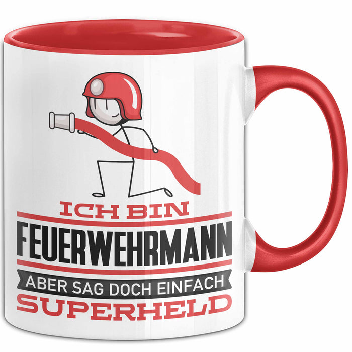 Feuerwehrmann Geschenk Tasse Ich Bin Feuerwehrmann Aber Sag Doch Einfach Superheld Lustige Geschenkdiee für Feuerwehrmann Kaffee-Becher Rot Trendation