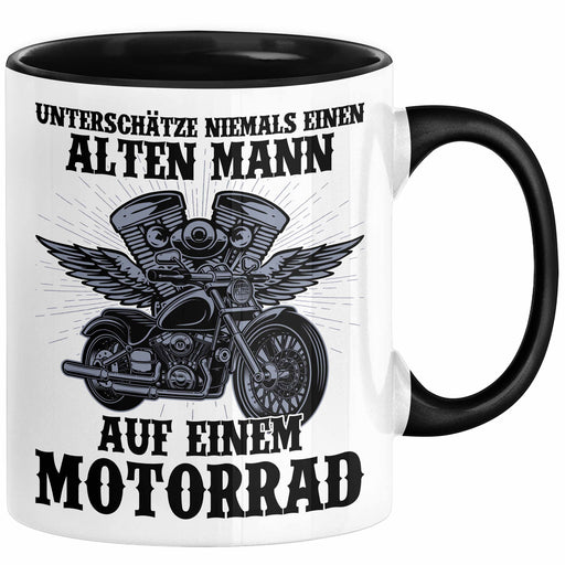 Motorradfahrer Geschenk Tasse Kaffee-Becher Motorrad Spruch Unterschätze Niemals Einen Alten Mann Auf Einem Motorrad Spruch Männer Schwarz Trendation