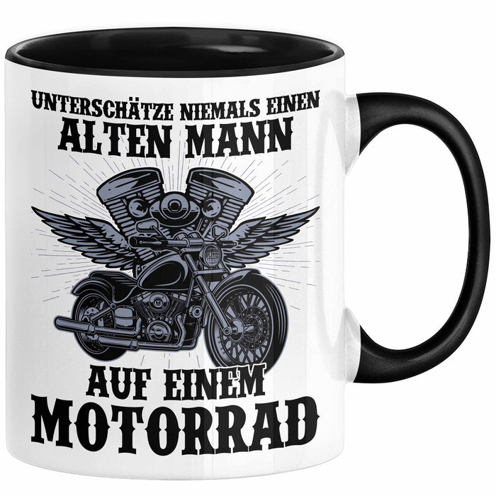 Motorradfahrer Geschenk Tasse Kaffee-Becher Motorrad Spruch Unterschätze Niemals Einen Alten Mann Auf Einem Motorrad Spruch Männer Schwarz Trendation