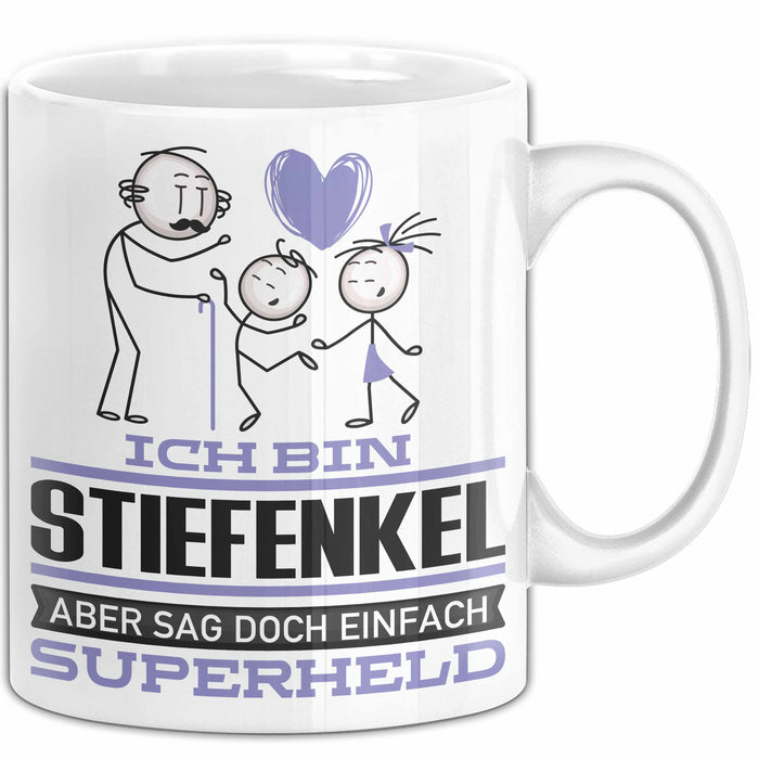 Stiefenkel Geschenk Tasse Ich Bin Stiefenkel Aber Sag Doch Einfach Superheld Lustige Geschenkdiee für Stiefenkel Kaffee-Becher Weiß Trendation