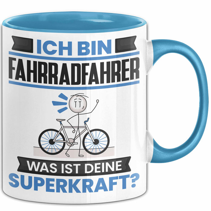Fahrradfahrer Tasse Geschenk für Fahrradfahrer Geburtstag Lustiger Spruch Kaffee-Becher Was Ist Deine Superkraft Blau Trendation