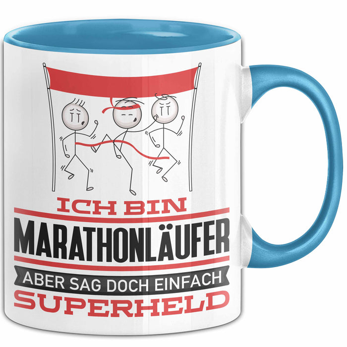 Marathonläufer Geschenk Tasse Ich Bin Marathonläufer Aber Sag Doch Einfach Superheld Lustige Geschenkdiee für Marathonläufer Kaffee-Becher Blau Trendation