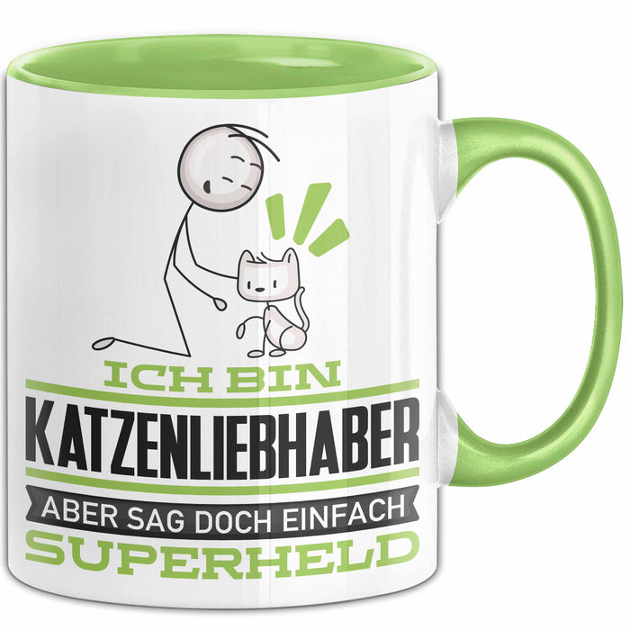 Katzenliebhaber Geschenk Tasse Ich Bin Katzenliebhaber Aber Sag Doch Einfach Superheld Lustige Geschenkdiee für Katzenliebhaber Kaffee-Becher Grün Trendation