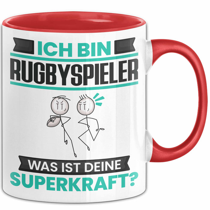 Rugbyspieler Tasse Geschenk für Rugbyspieler Geburtstag Lustiger Spruch Kaffee-Becher Was Ist Deine Superkraft Rot Trendation