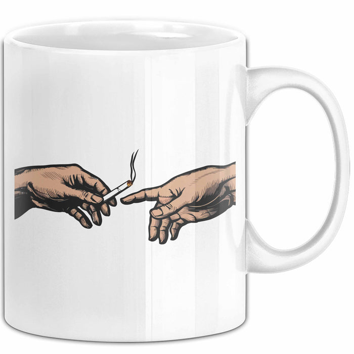 Raucher Tasse Geschenk Erschaffung Von Adam Kunst Geschenkidee 2 Hände Finger Joint Kiffer Weiß Trendation