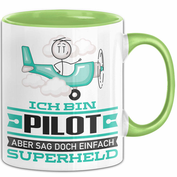 Pilot Geschenk Tasse Ich Bin Pilot Aber Sag Doch Einfach Superheld Lustige Geschenkdiee für Pilot Kaffee-Becher Grün Trendation