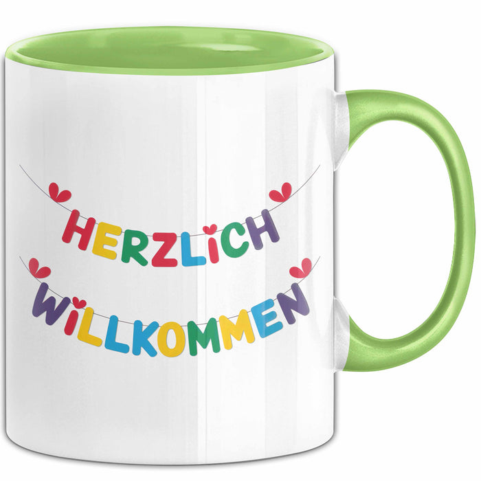 Willkommensparty Dekoration Tasse Geschenk Lustige Geschenkidee Spruch Herzlich Willkommen Grün Trendation