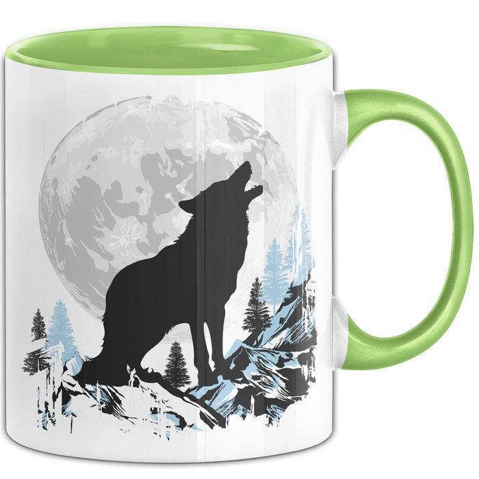 Wolf Tasse Geschenk Heulender Wolf Vollmond Grafik Geschenkidee Grün Trendation