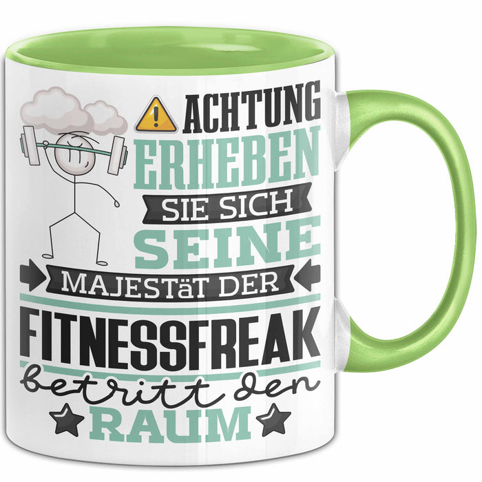 Fitnessfreak Geschenk Tasse Lustiger Spruch Erheben Sie Sich Der Fitnessfreak Betritt den Raum Grün Trendation