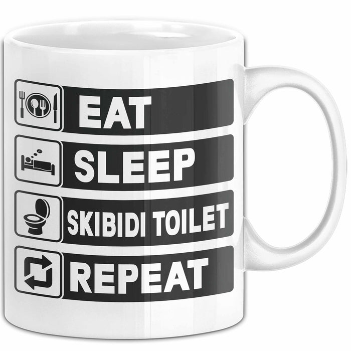 Skibidi Toilet Tasse Geschenk Meme Eat Sleet Repeat Becher Geschenkdiee Weiß Trendation