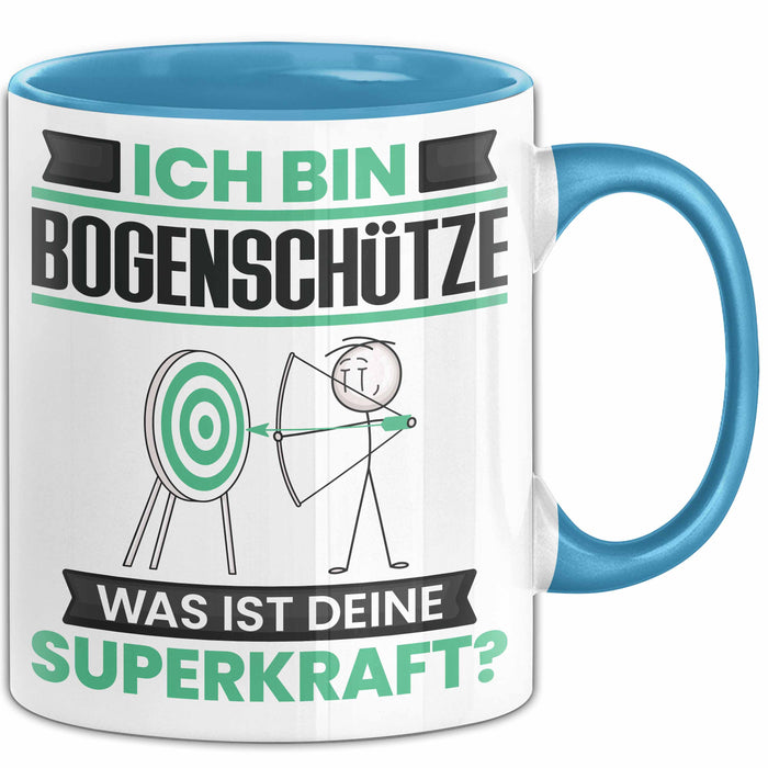 Bogenschütze Tasse Geschenk für Bogenschütze Geburtstag Lustiger Spruch Kaffee-Becher Was Ist Deine Superkraft Blau Trendation