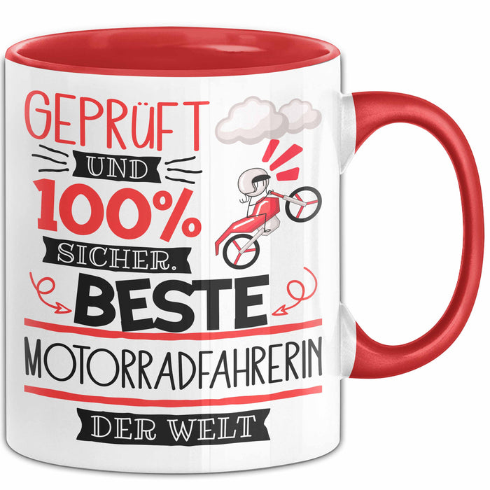 Beste Motorradfahrerin Der Welt Tasse Geschenk für Eine Motorradfahrerin Geprüft Und Sicher Geschenkidee Geburtstag Weihnachten Rot Trendation
