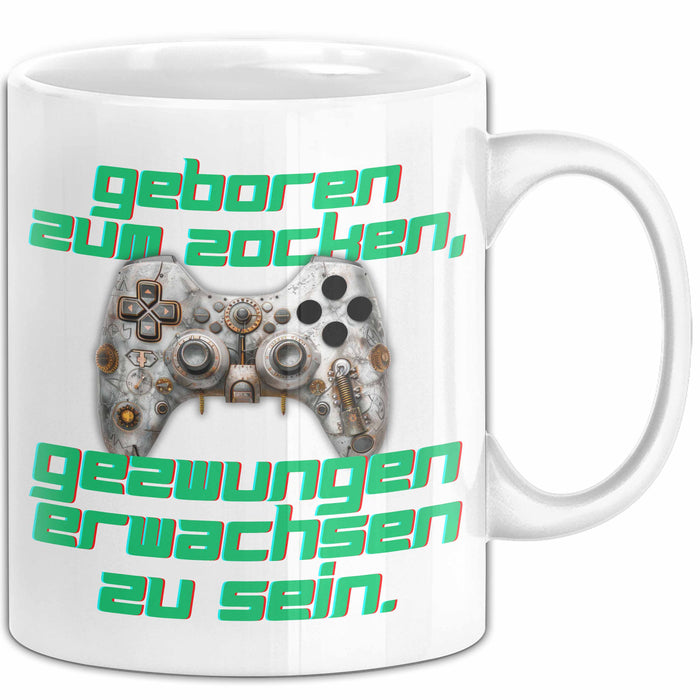 Humor Tasse Gamer – Geboren zum Zocken, gezwungen erwachsen zu sein – Lustiger Kaffee-Becher Geschenk für Gamer & Zocker Weiß Trendation