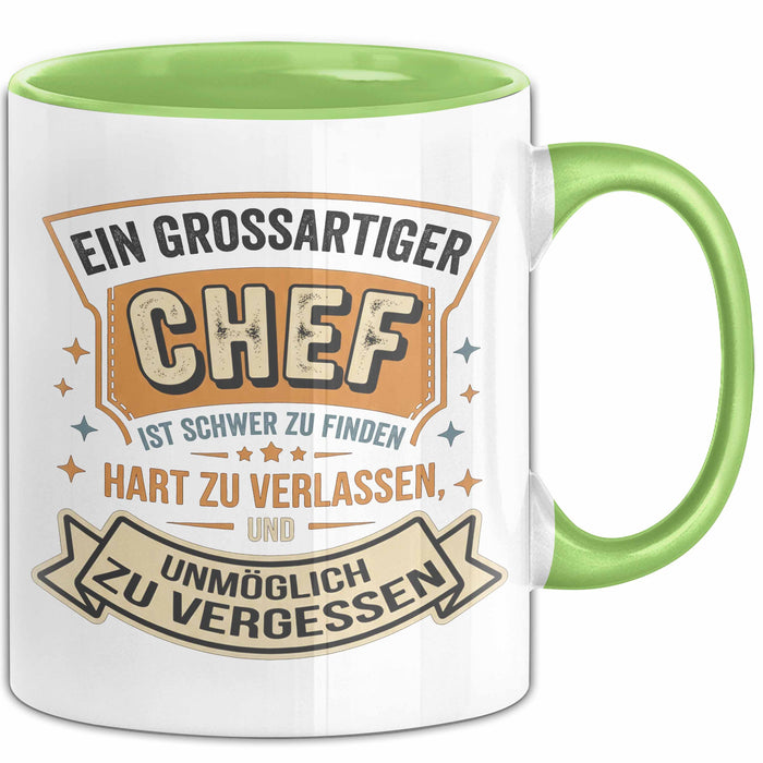 Büroarbeit Kollege Chef Tasse Geschenk Lustige Geschenkidee Spruch Ein Grossartiger Chef Ist Schwer Zu Finden Grün Trendation