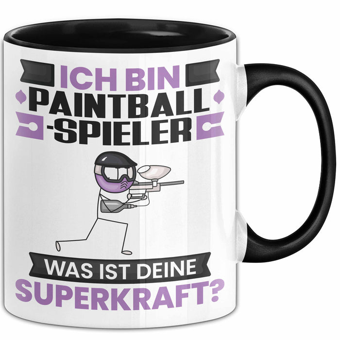 Paintballspieler Tasse Geschenk für Paintballspieler Geburtstag Lustiger Spruch Kaffee-Becher Was Ist Deine Superkraft Schwarz Trendation