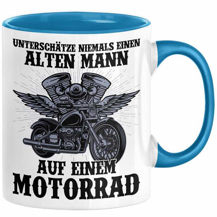 Motorradfahrer Geschenk Tasse Kaffee-Becher Motorrad Spruch Unterschätze Niemals Einen Alten Mann Auf Einem Motorrad Spruch Männer Blau Trendation