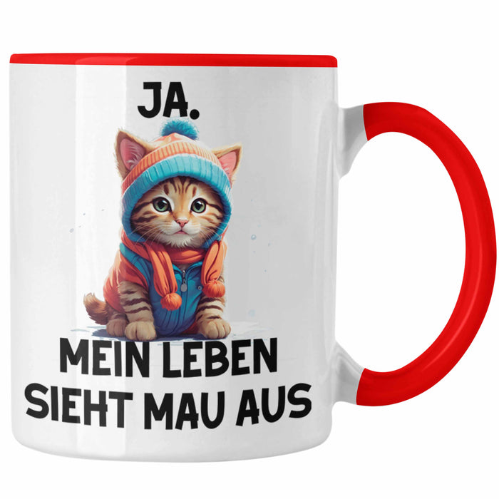 Dank Meme Tasse Katzen Besitzer Wortspiel Ja Mein Leben Sieht Mau Aus Traurige Katze Geschenkidee Süße Katze Rot Trendation