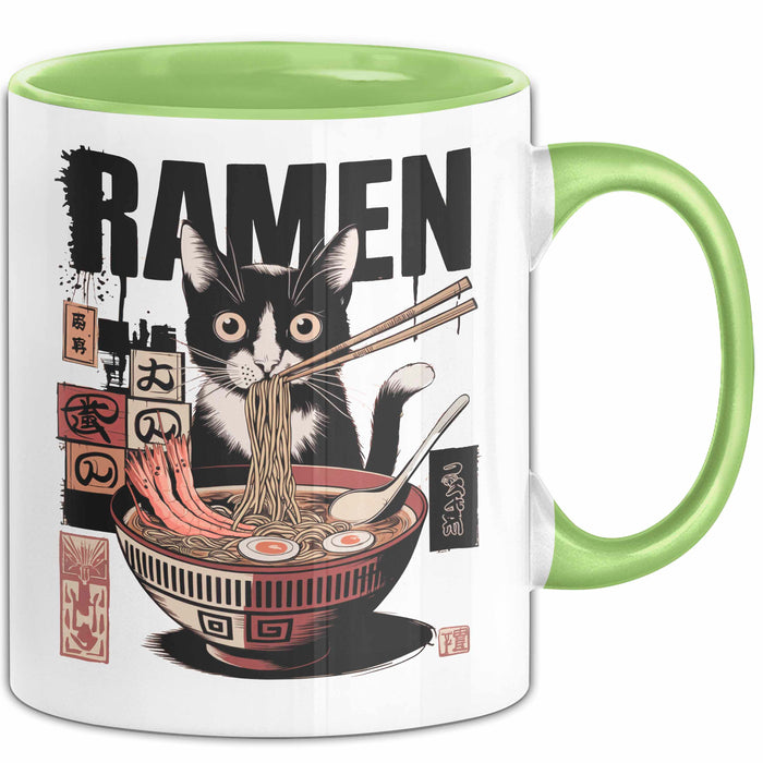 Katzen Tierliebhaber Tasse Geschenk Lustige Geschenkidee Spruch Katze Isst Ramen Nudeln Grün Trendation