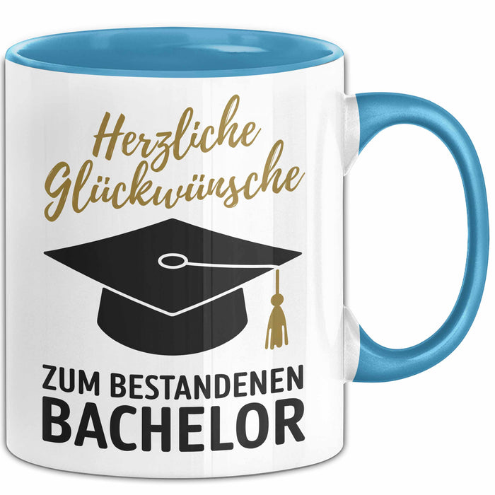 Schüler Abschluss Tasse Geschenk Lustige Geschenkidee Spruch Herzliche Glückwünsche Zum Bestandenen Bachelor Blau Trendation