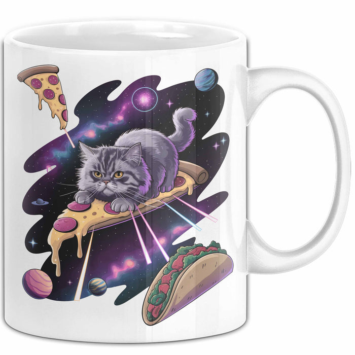 Pizzaesser Tasse Geschenk Katze isst Pizza im Weltall Lustig Weiß Trendation