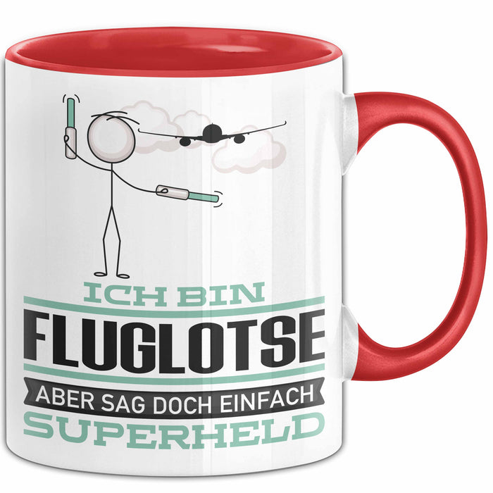 Fluglotse Geschenk Tasse Ich Bin Fluglotse Aber Sag Doch Einfach Superheld Lustige Geschenkdiee für Fluglotse Kaffee-Becher Rot Trendation