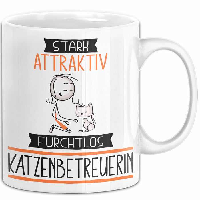 Katzenbetreuerin Tasse Geschenk Becher Stark Attraktiv Furchtlos Katzenbetreuerin Lustige Geschenkidee Weiß Trendation
