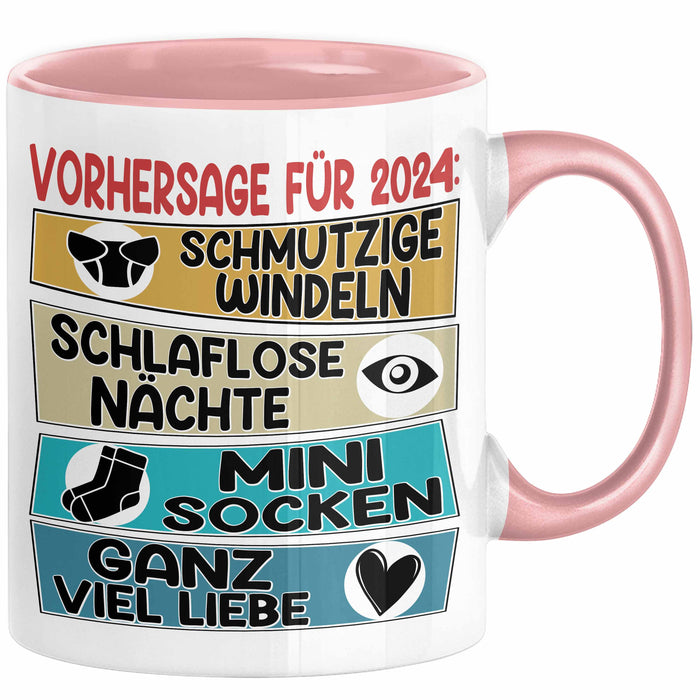 Schwangerschaft Verkünden 2025 Tasse Geschenk Mann Vorhersage für 2025 Schmutzige Windeln Schlaflose Nächte Kaffee-Becher Rosa Trendation