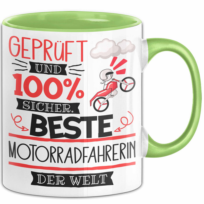 Beste Motorradfahrerin Der Welt Tasse Geschenk für Eine Motorradfahrerin Geprüft Und Sicher Geschenkidee Geburtstag Weihnachten Grün Trendation