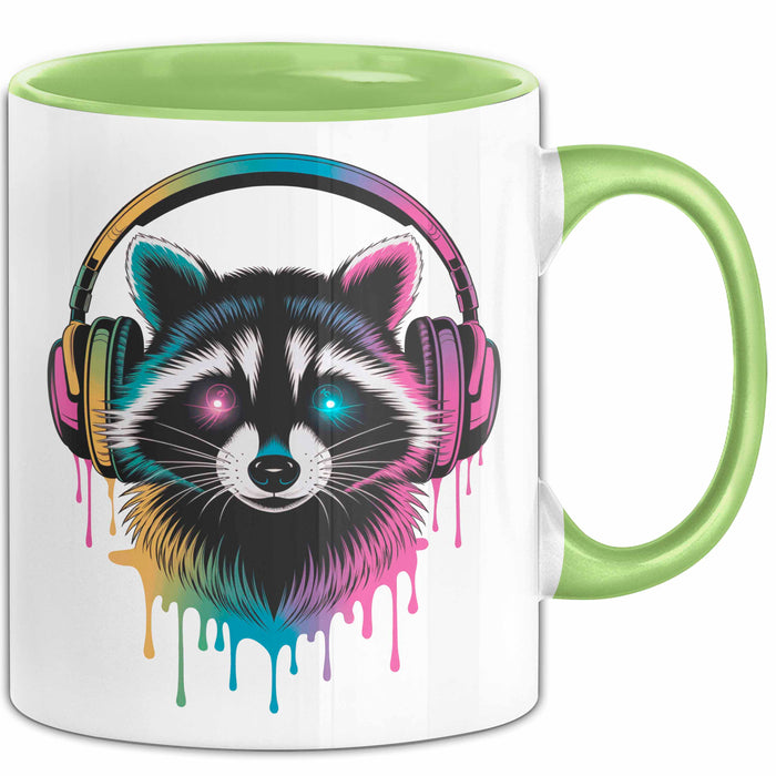 Waschbär Tierliebhaber Musik Kopfhörer Tasse Geschenk Lustige Geschenkidee Spruch Grün Trendation