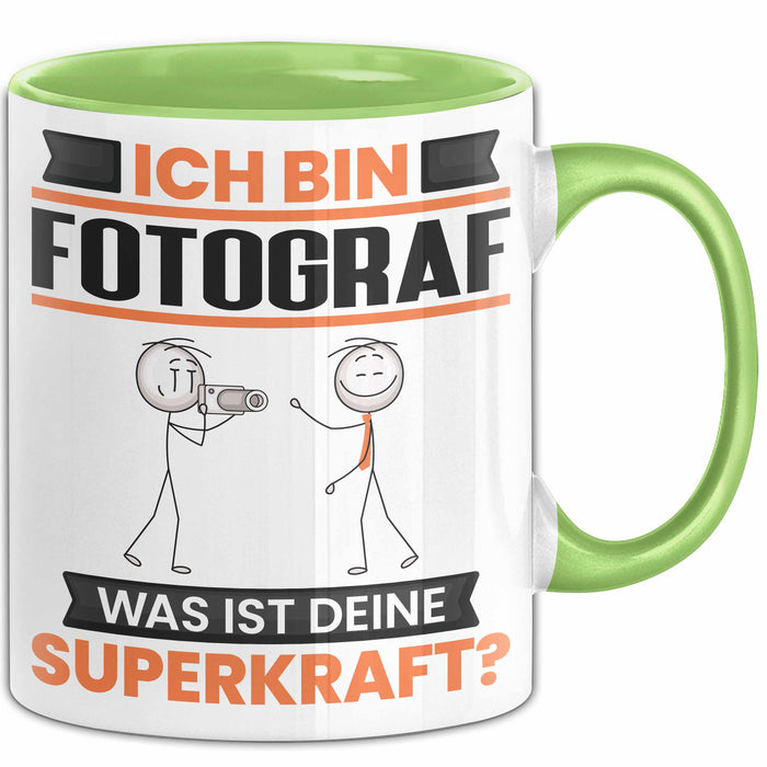 Fotograf Tasse Geschenk für Fotograf Geburtstag Lustiger Spruch Kaffee-Becher Was Ist Deine Superkraft Grün Trendation