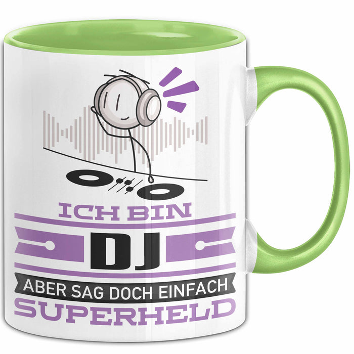 DJ Geschenk Tasse Ich Bin DJ Aber Sag Doch Einfach Superheld Lustige Geschenkdiee für DJ Kaffee-Becher Grün Trendation