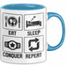 Gamer Tasse Geschenk Eat Sleep Conquer Repeat Geschenkidee Becher Blau Trendation