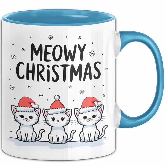 Katze Weihnachtsfeier Tasse Geschenk Lustige Geschenkidee Spruch Meowy Christmas Blau Trendation
