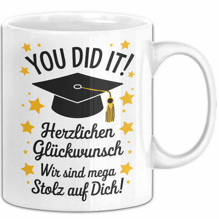 Schüler Abschluss Tasse Geschenk Lustige Geschenkidee Spruch Herzlichen Glückwünsche Weiß Trendation